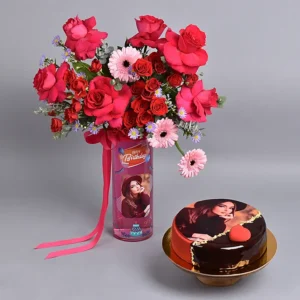 Personalised Vase Birthday Flowers & Cake