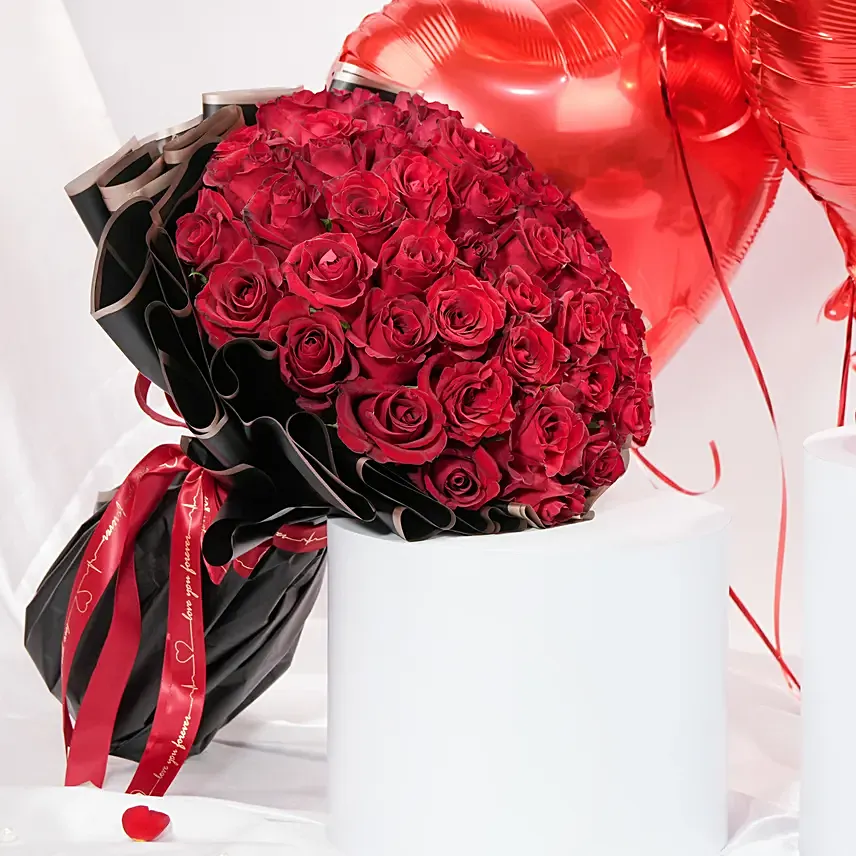 Red Roses With Balloon And Cake - Image 3