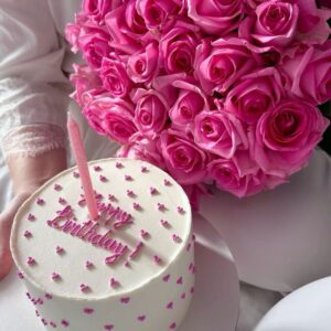 Happy Birthday Bento Cake - 12 Pink Roses Hand Bouquet