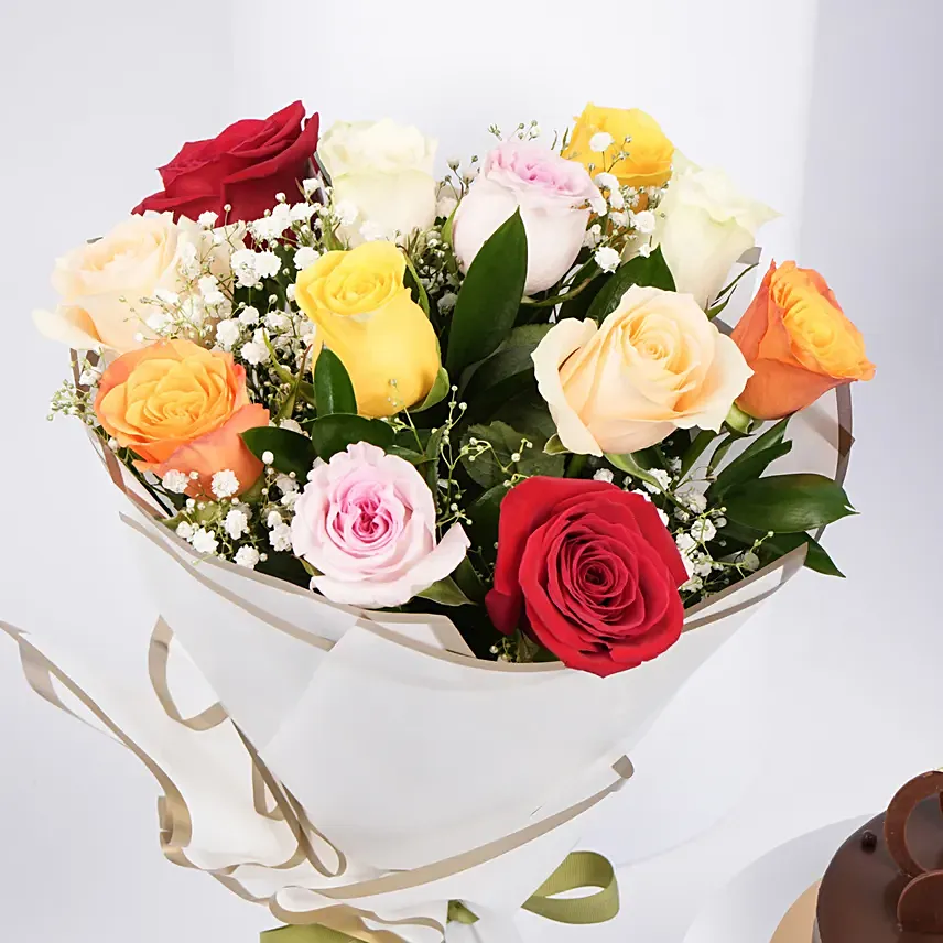 Dozen Multi Roses with Fudge Cake - Image 4