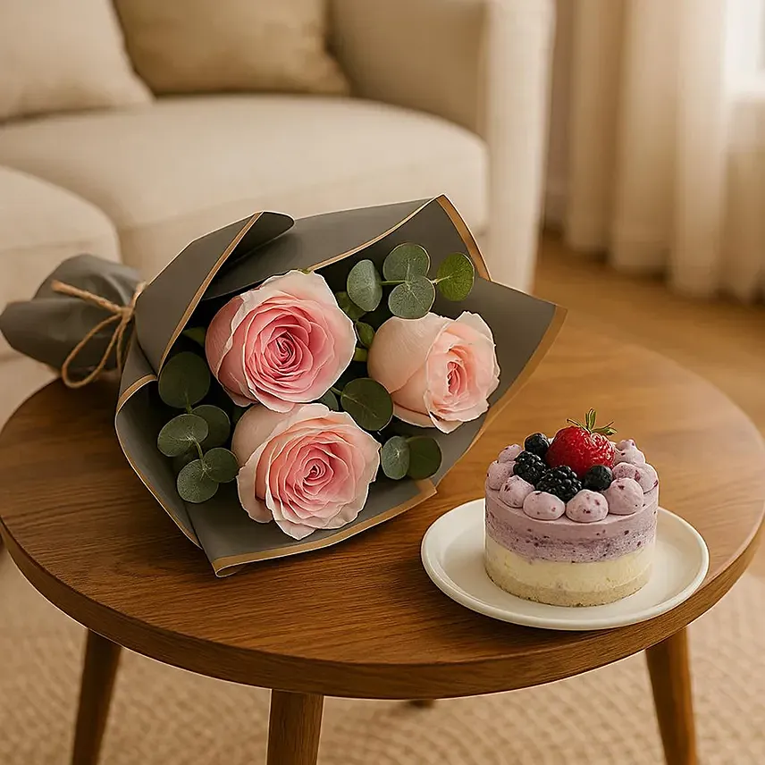 3 Light Pink Rose 1 eucalyptus Wrapped and Tied beautifully Mono Cake - 200gms Cake Flavour: Blueberry