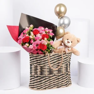 Roses with Teddy And Balloons in a Basket